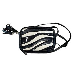 Brighton Zebra Print Leather Crossbody Bag Black White Mini Purse Tassel Strap